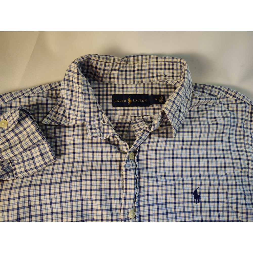 Ralph Lauren Mens M Blue‎ White Plaid Pony Cotton Button Down Shirt Long Sleeve